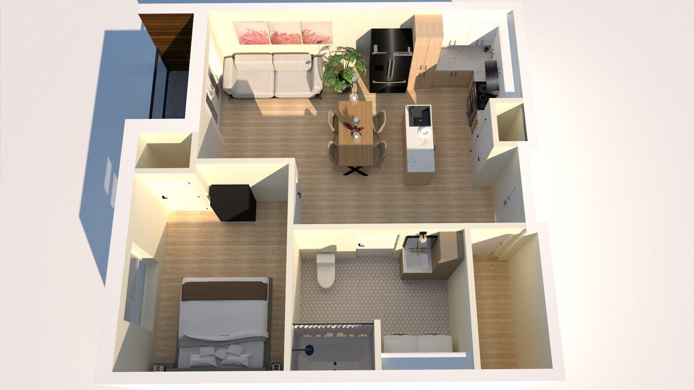 Perspective 3D illustrant le plan d'un logement, Habitations Indigo, L'Assomption, QC